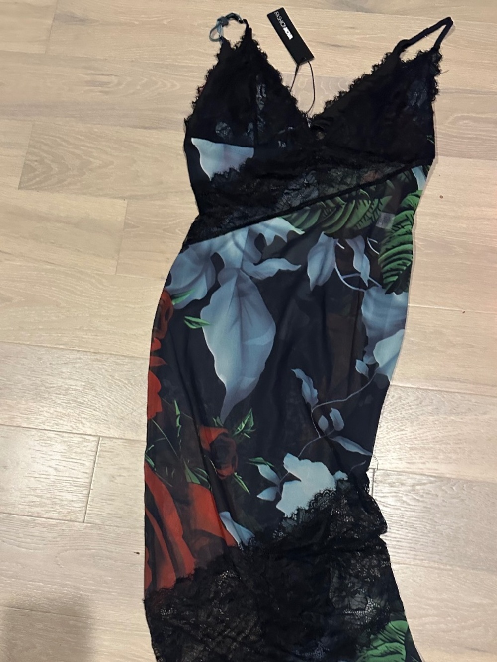 NWT flower see through with black lace maxi dress (no slip)